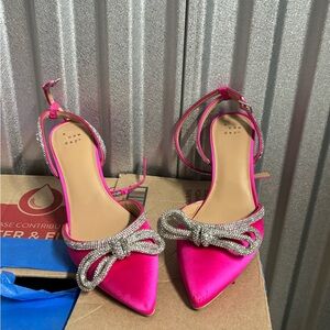 Pink Satin Women's Shoes with Rhinestone Bow